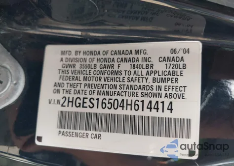2004 Honda Civic Lx z USA, uszkodzony, nr VIN 2HGES16504H614414